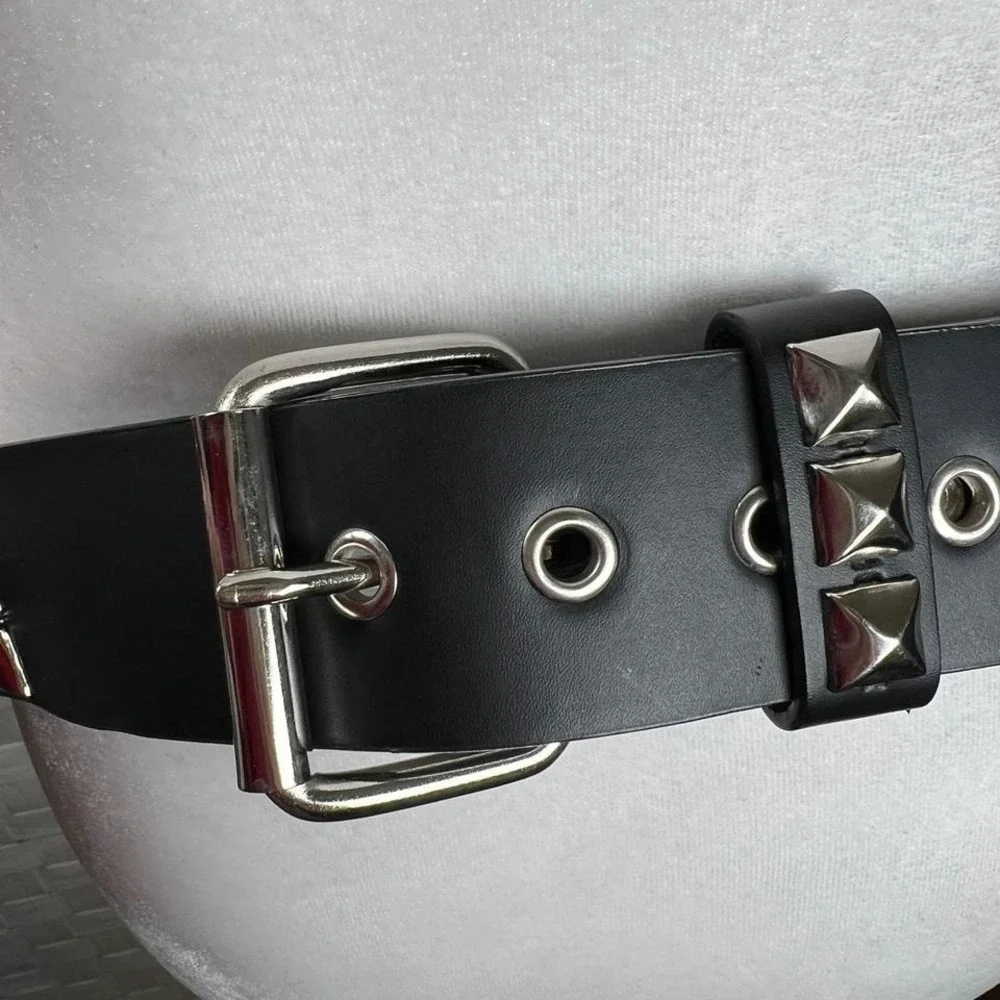 Unisex Black Faux Leather 3 Row Studded Belt Silver Tone Buckle Punk Goth Grunge